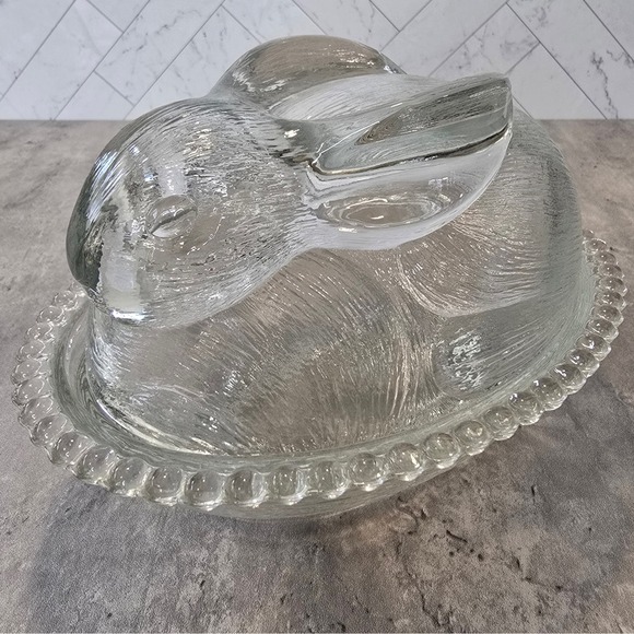 Unbranded Other - Vintage Bunny on Nest Clear Pressed Glass Candy Dish Beaded Rim Easter